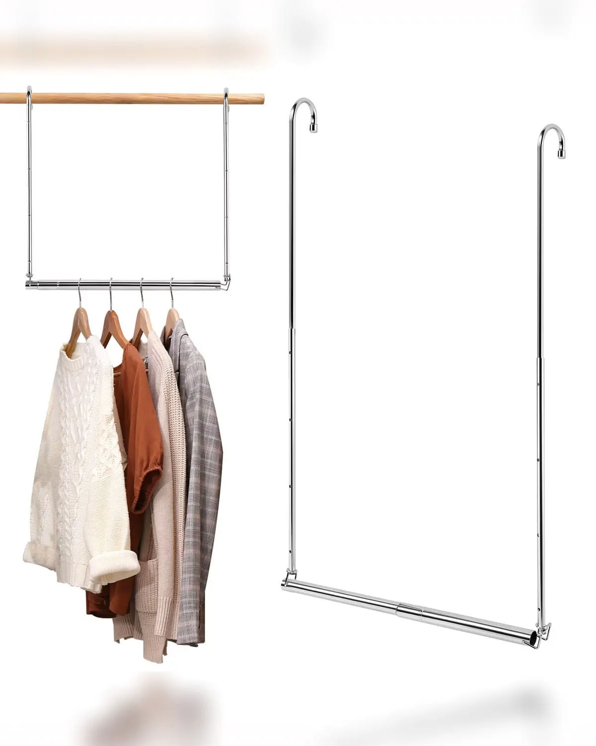 Silver stainless steel adjustable closet rod extender adding a second hanging rail