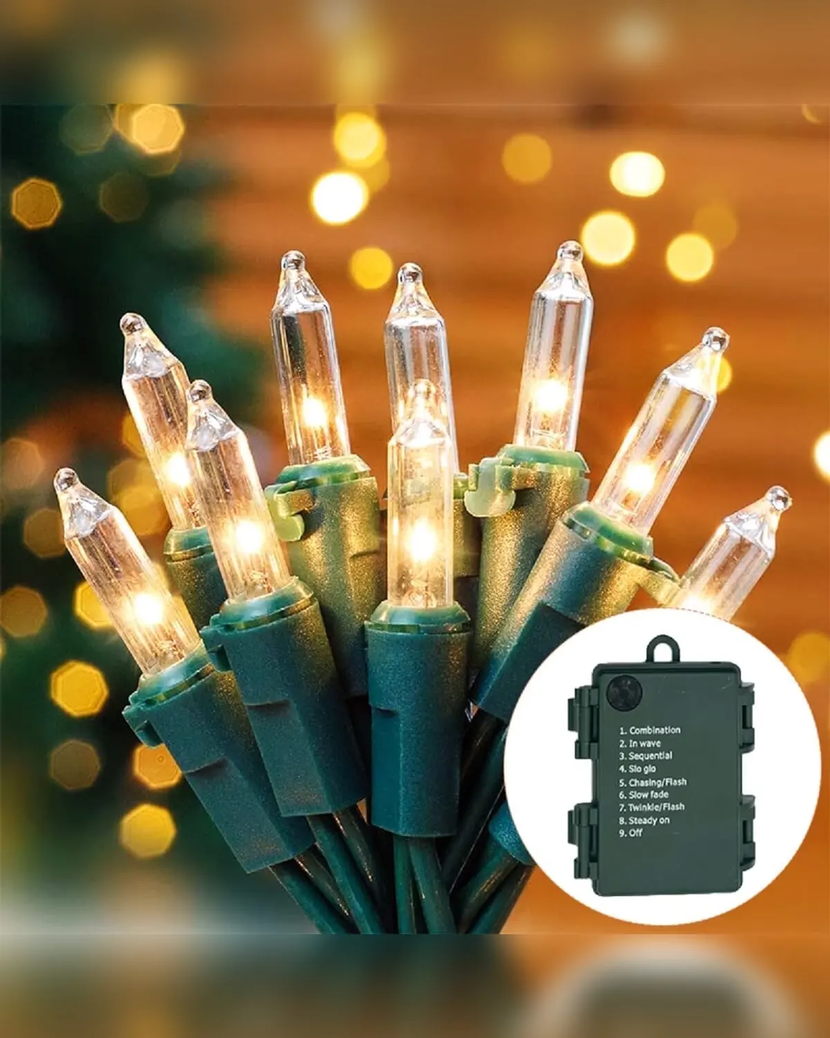 Warm white battery-operated Christmas string lights along a shelf