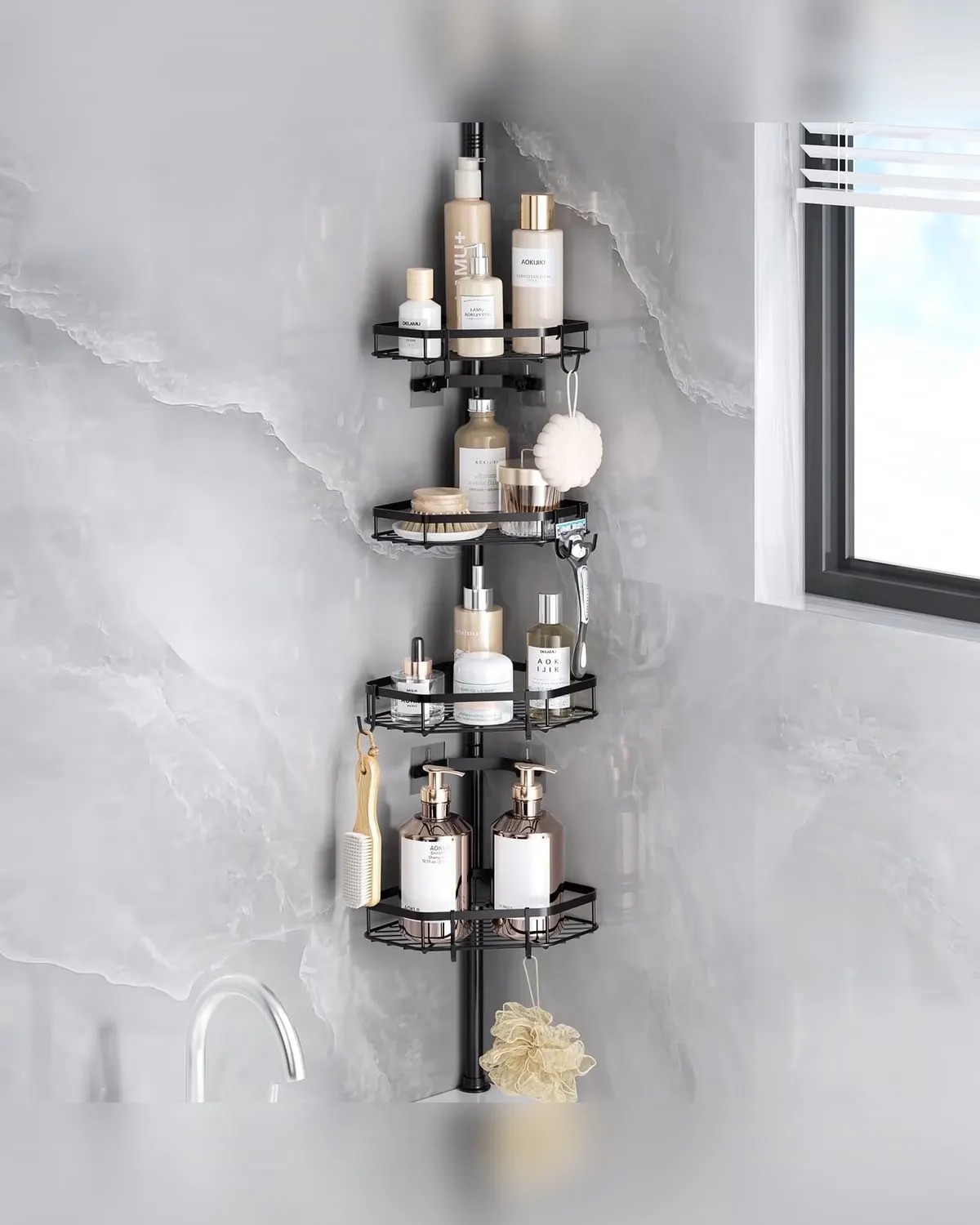 Black four-shelf corner tension-pole shower caddy holding bottles in a shower