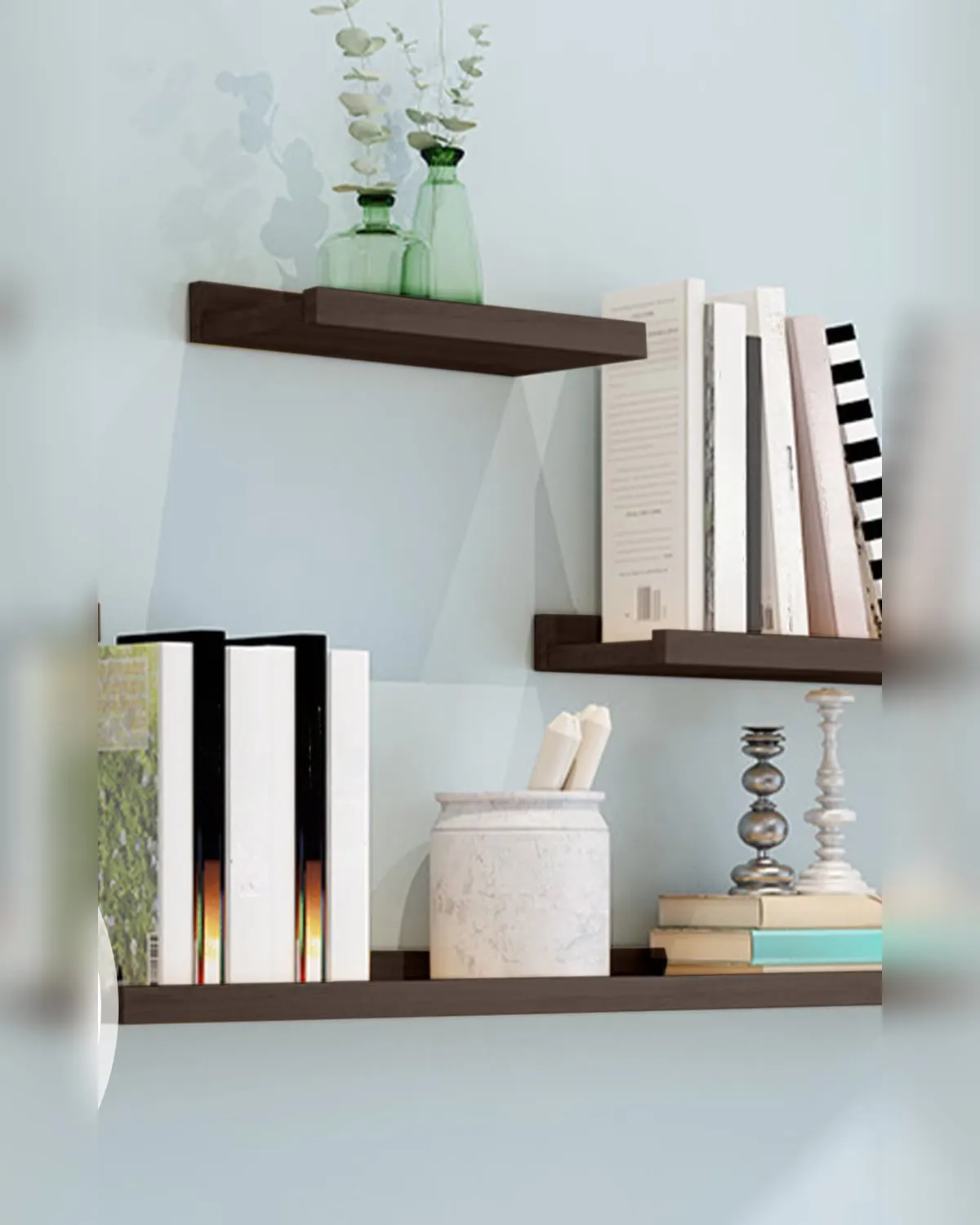 Dark wood no-drill floating shelves on a pale wall holding books, a plant and small ornaments