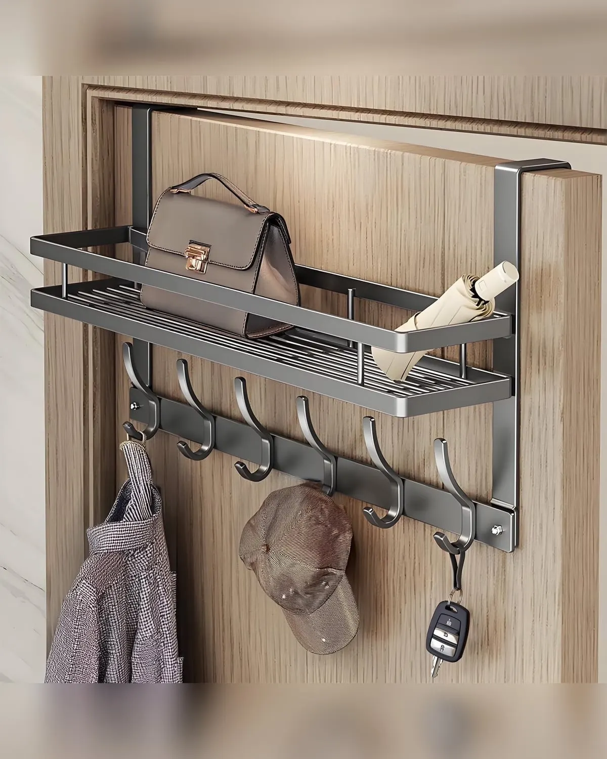 Over-the-door rack with six hooks and a basket holding bags and scarves