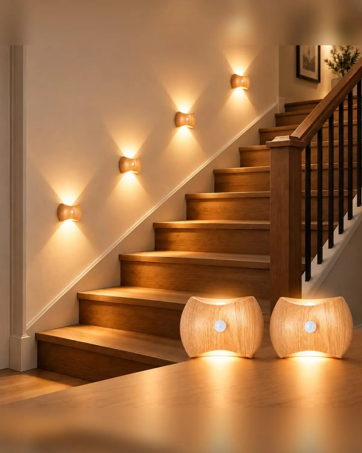 Pair of rechargeable wireless wall sconces glowing beside a bed