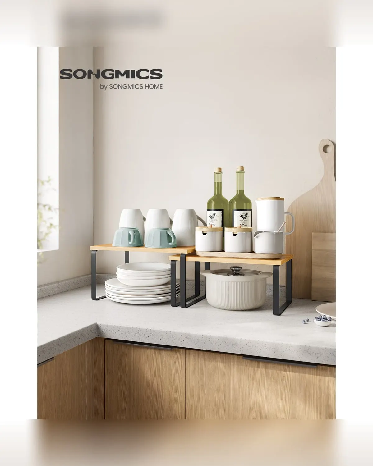 Two-tier cabinet shelf organizer holding spices and jars on a kitchen counter