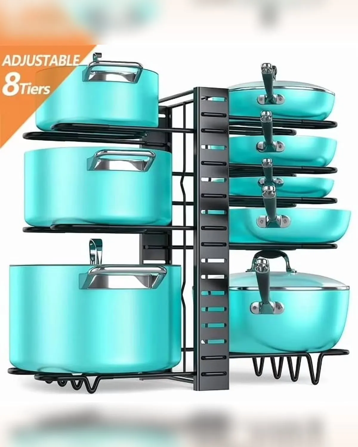 Pots and pans stored upright in an adjustable metal rack inside a cabinet