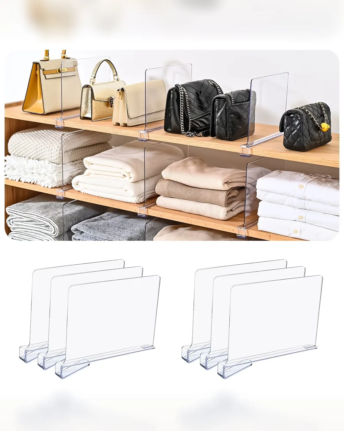 Shelf dividers keeping folded sweaters and handbags upright on a closet shelf