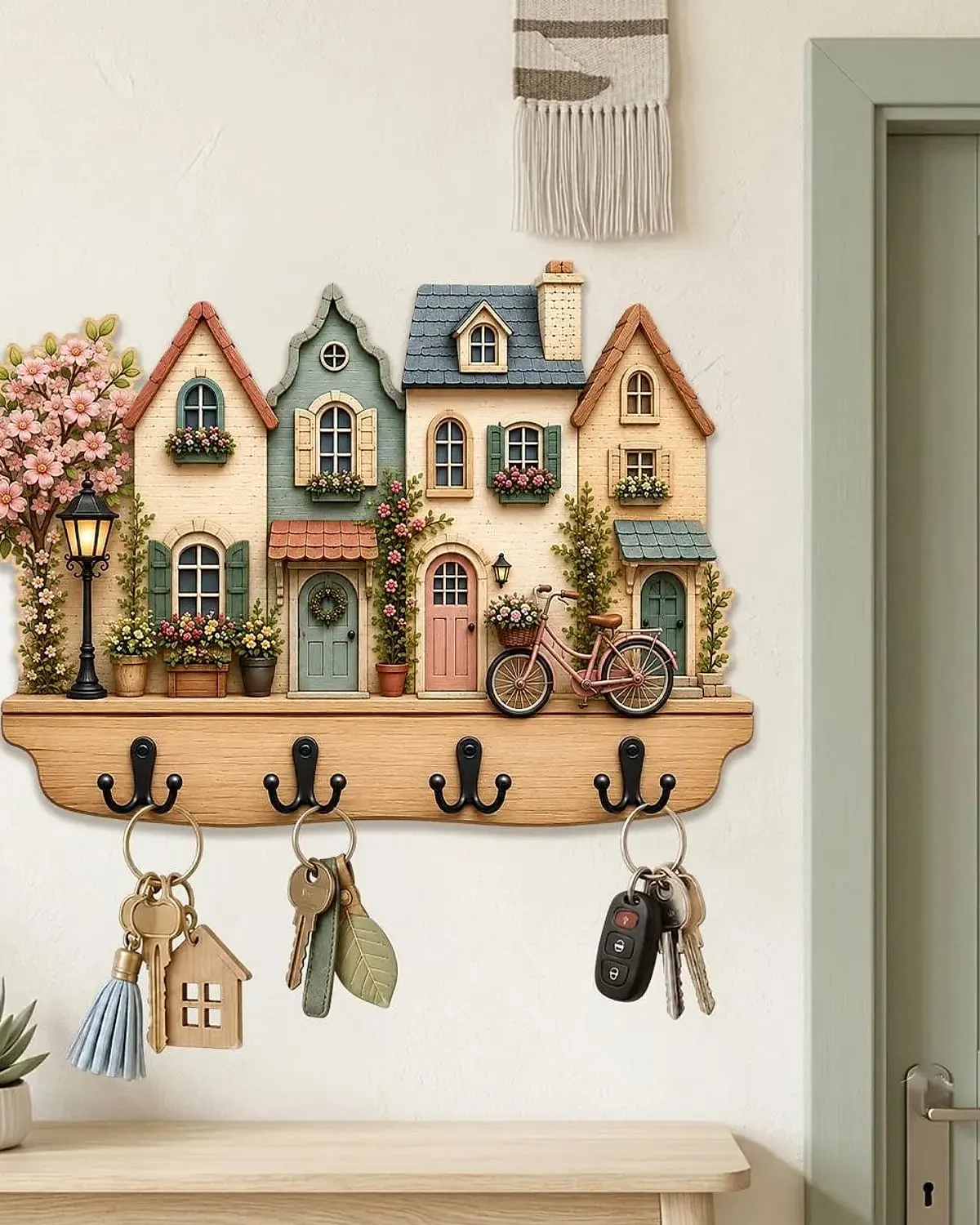 Handmade wooden key holder shaped like a row of village houses, with three sets of keys on its hooks
