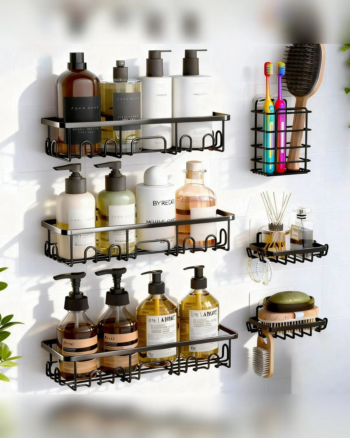 Stainless steel no-drill adhesive shower shelves mounted on bathroom tile