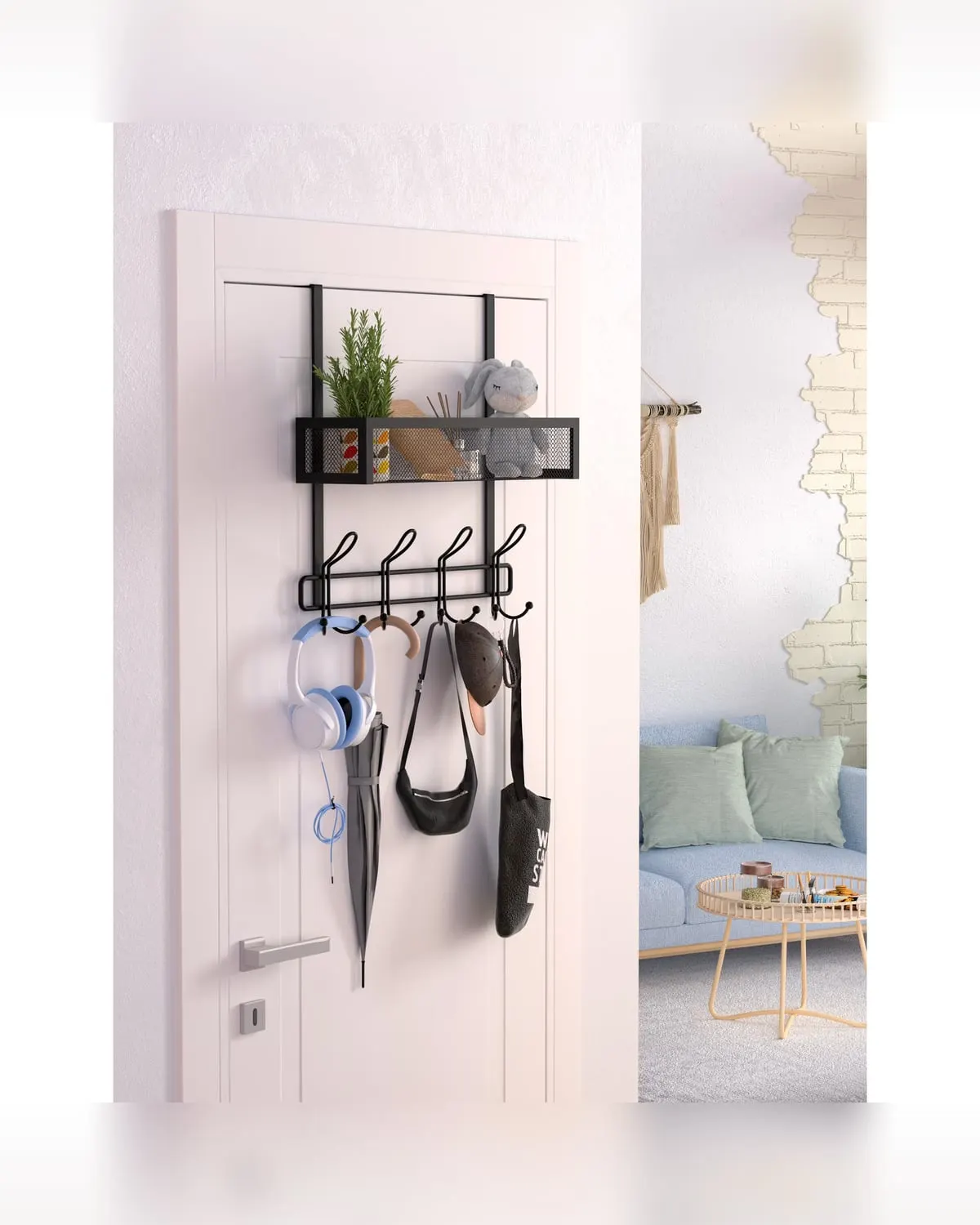 Over-the-door metal organizer with twelve hooks holding coats and bags