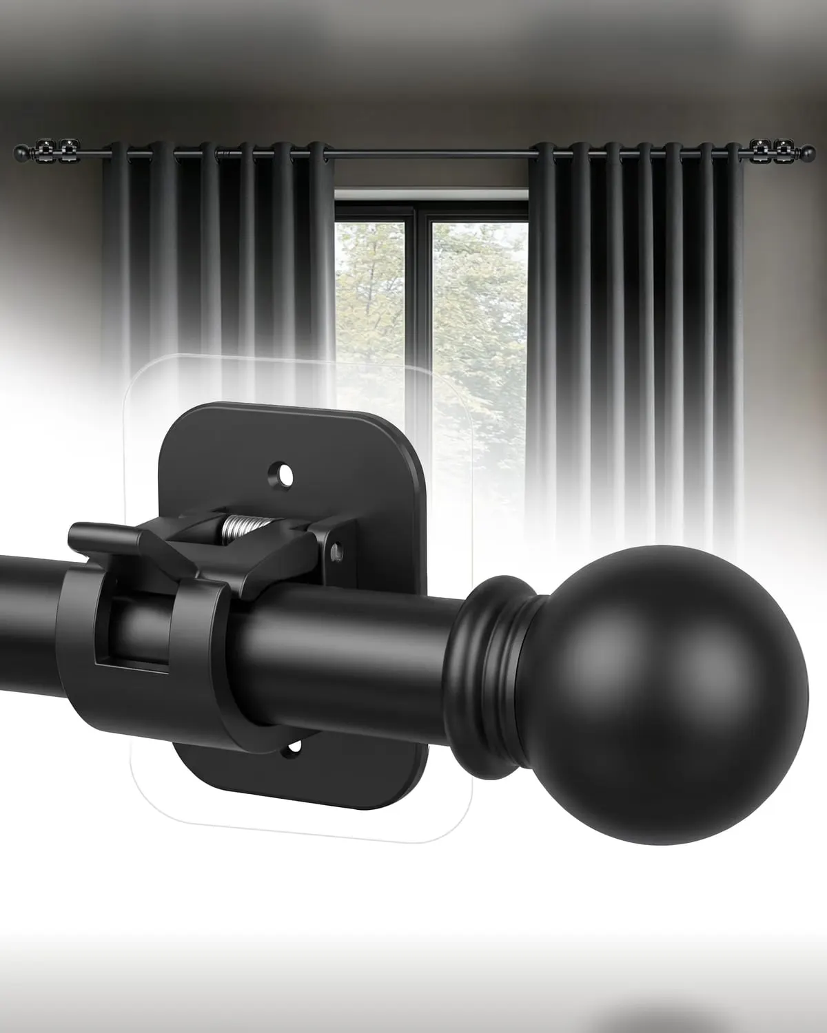 Black no-drill curtain rod holding linen curtains over a window