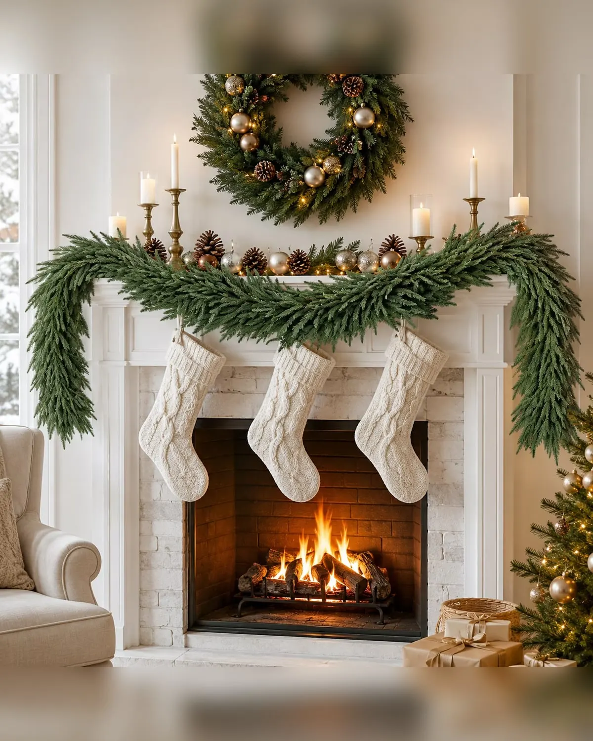 Green real-touch pine Christmas garland draped along a shelf