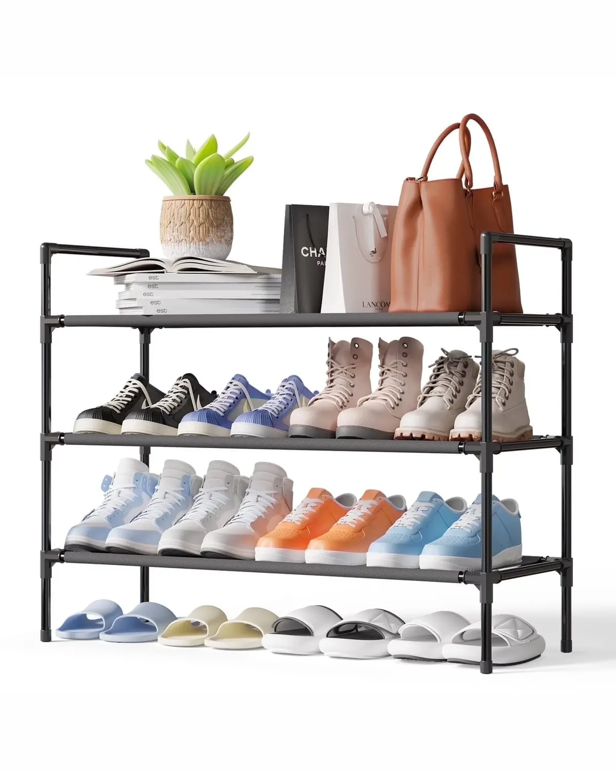 Slim three-tier metal shoe rack holding several pairs of shoes