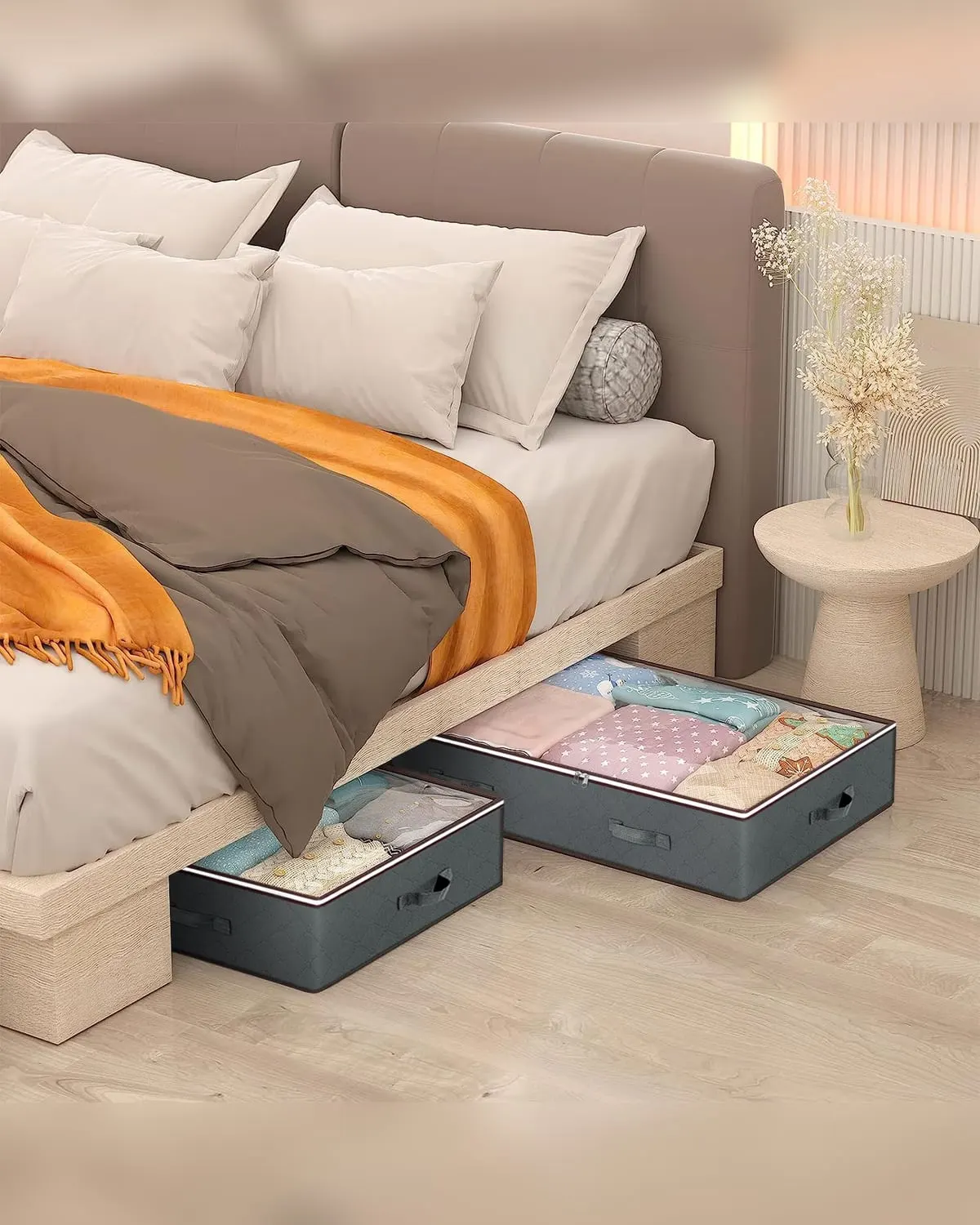 Four under-bed storage bags with handles and clear top panels