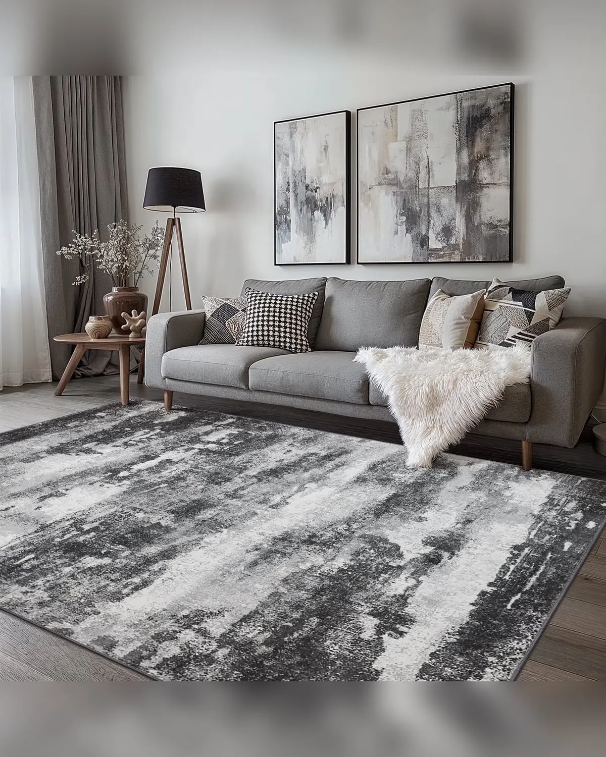 Low-pile washable abstract accent rug in a small living room