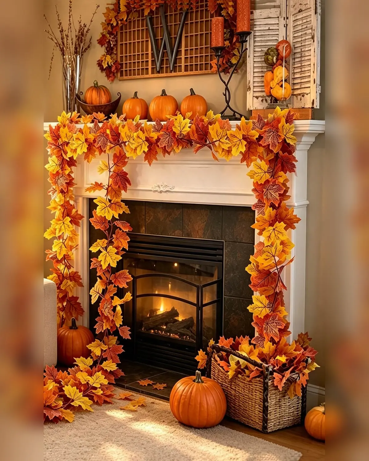 Artificial autumn maple leaf garland draped along a mantel