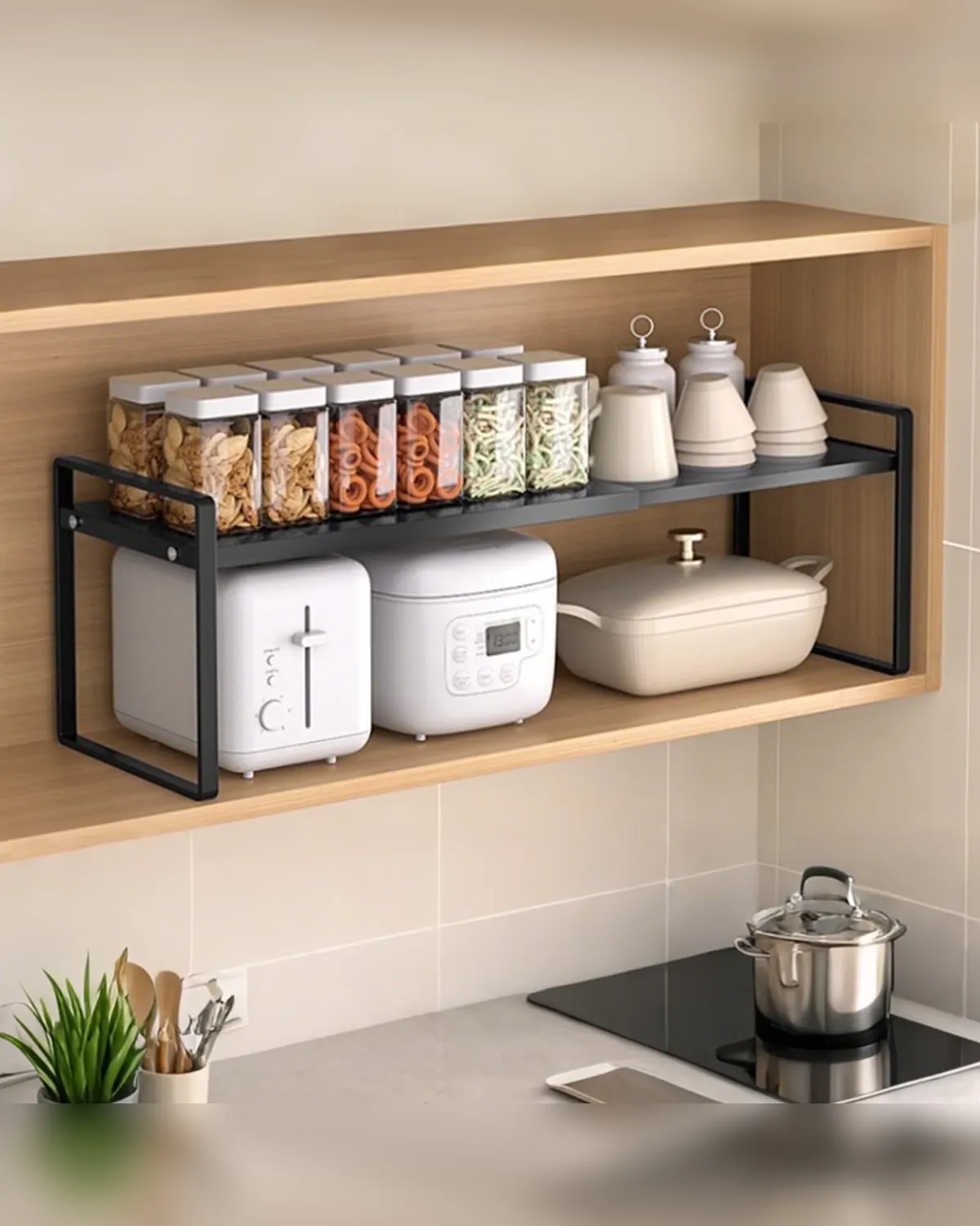 Expandable metal shelf riser doubling the space inside a cabinet