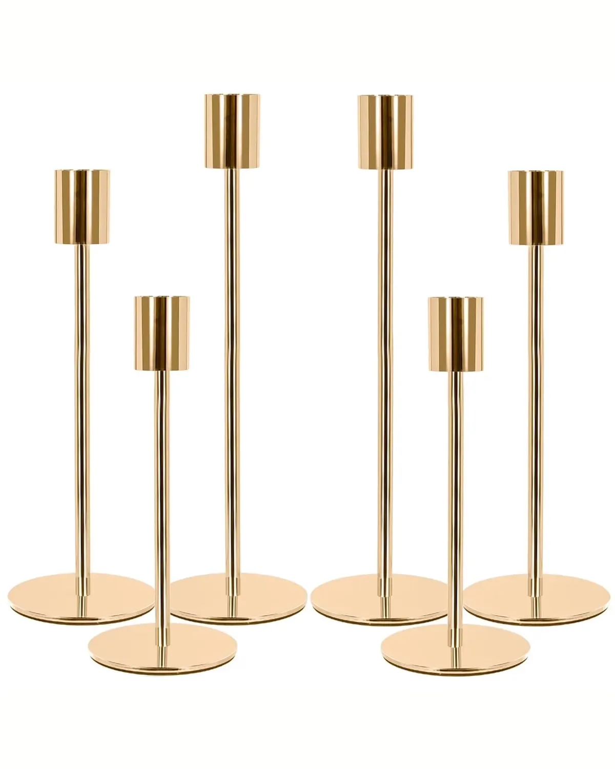 Six slim gold metal taper candle holders