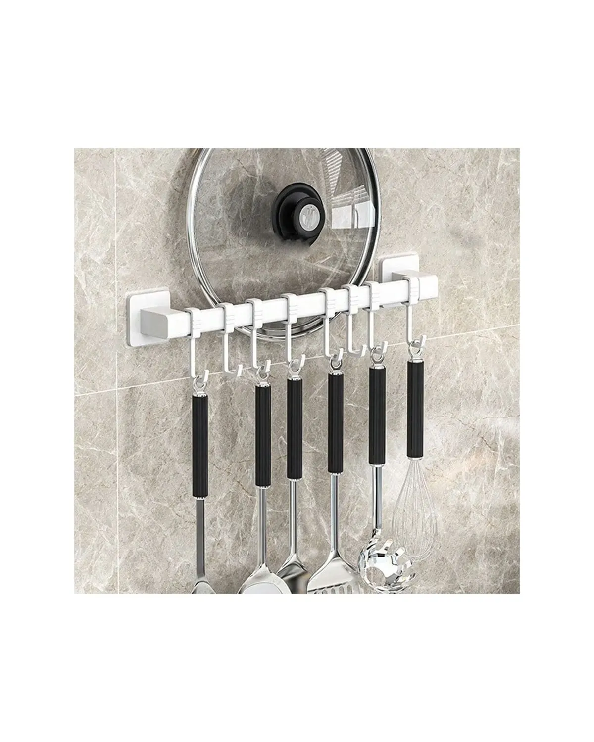 Self-adhesive wall rail with sliding hooks holding pot lids and hanging tools