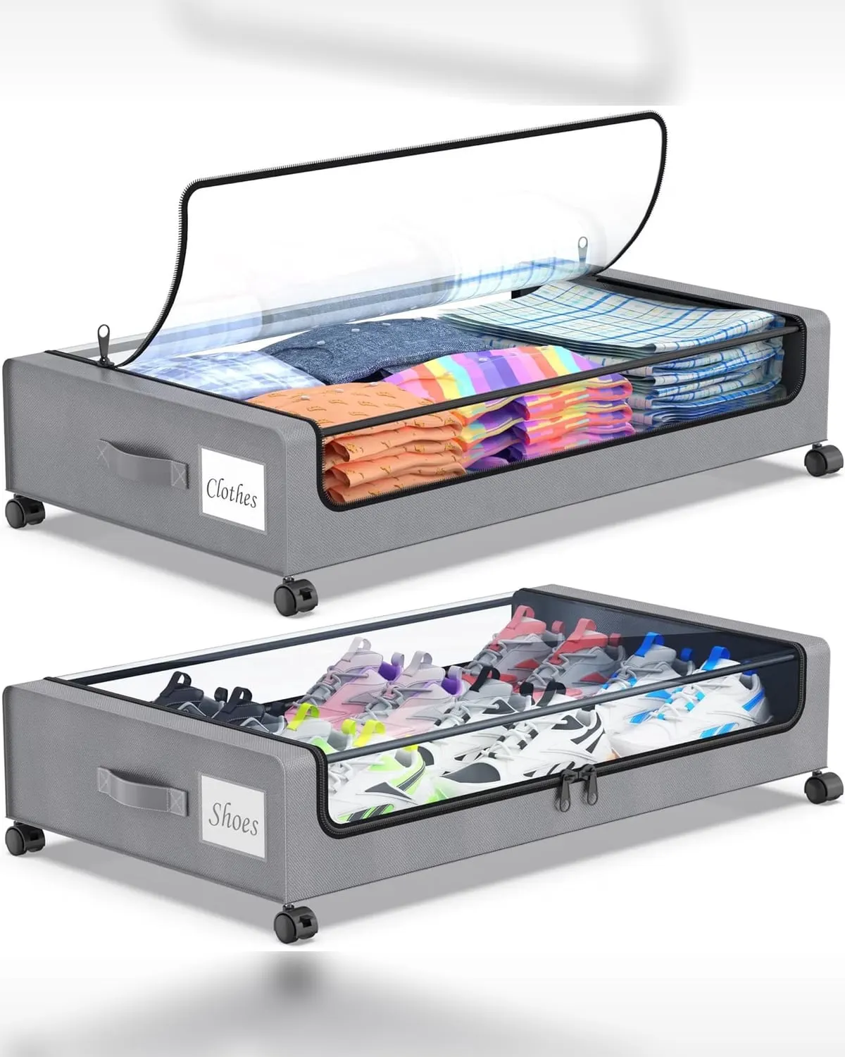 Two grey rolling under-bed storage drawers holding folded clothes