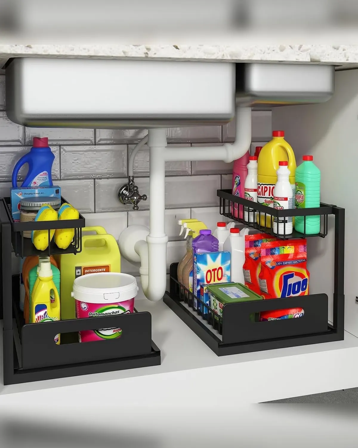 Two-tier pull-out sliding organizer drawers inside an under-sink bathroom cabinet