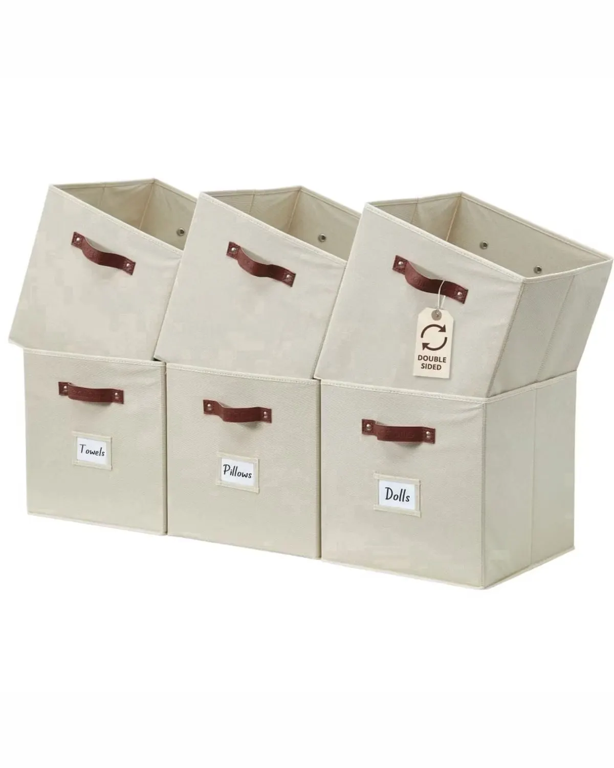 Six beige fabric storage bins lined up on a closet shelf