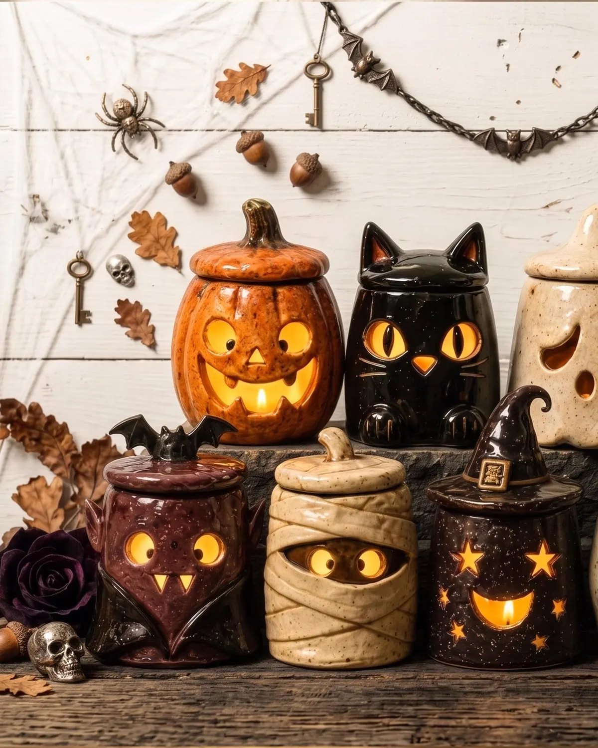 Handmade ceramic monster lantern tea-light holder glowing on a shelf