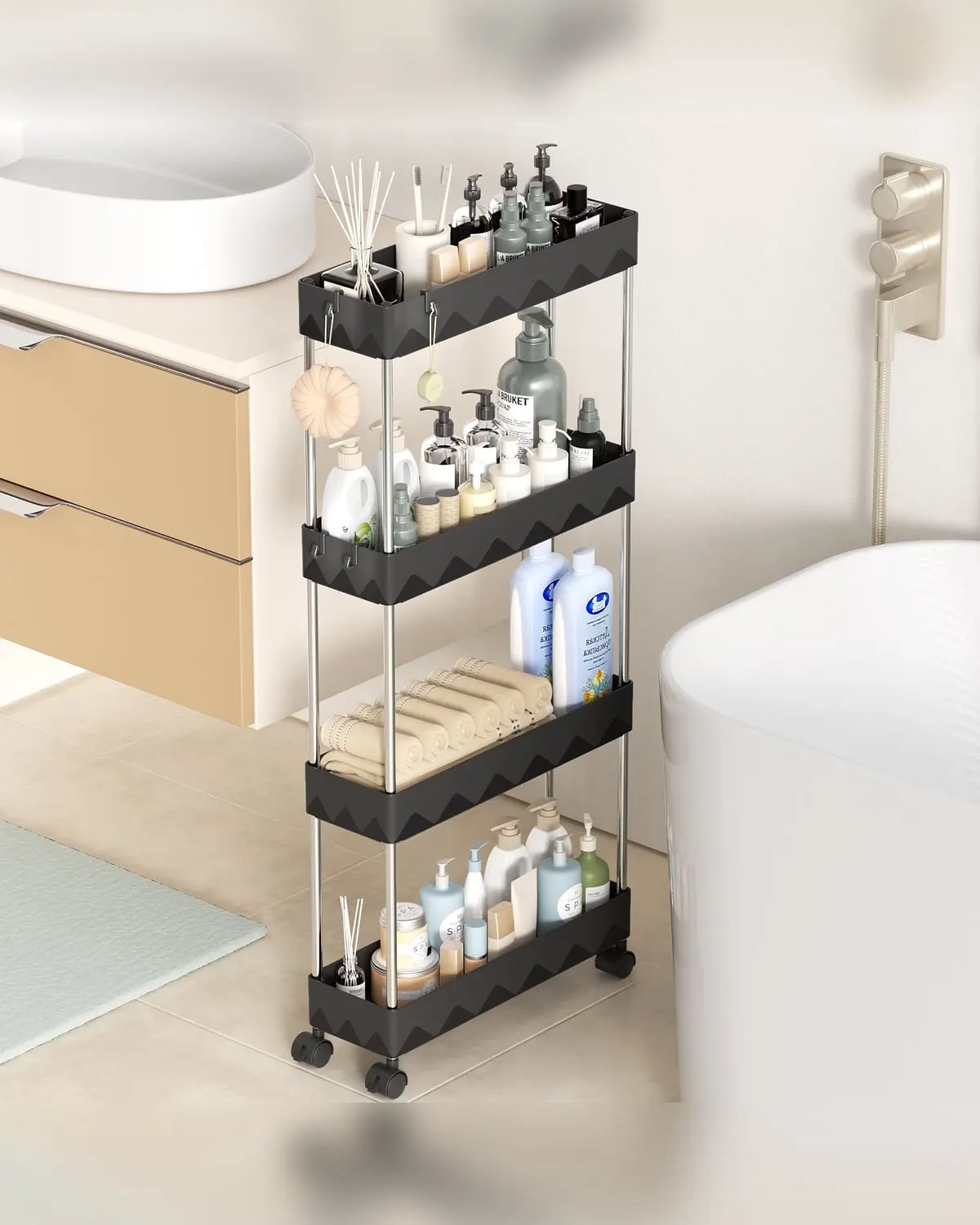 Black four-tier slim rolling storage cart tucked into a narrow bathroom gap