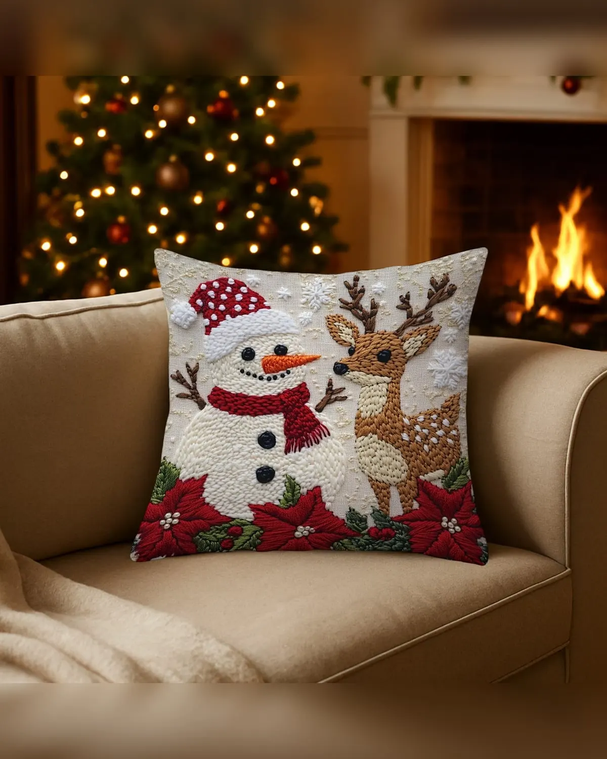 Christmas throw pillow cover on a small sofa