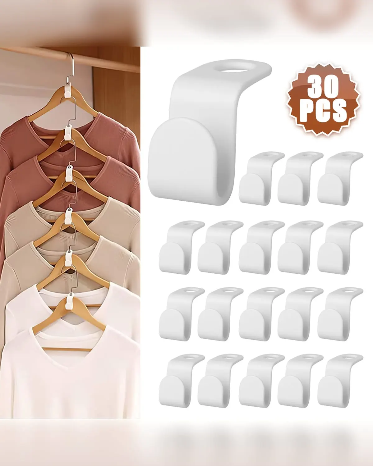 Cascading hanger connector hooks stacking clothes vertically on a closet rod