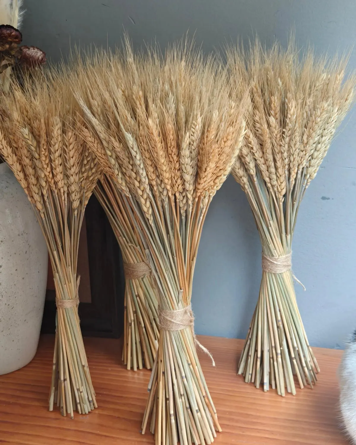Bundles of natural dried wheat stems tied with twine