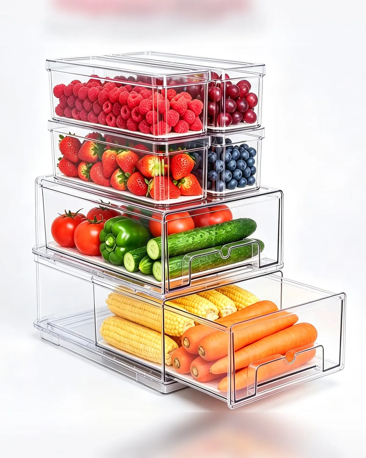 Clear pull-out refrigerator organizer bins holding fruit and vegetables