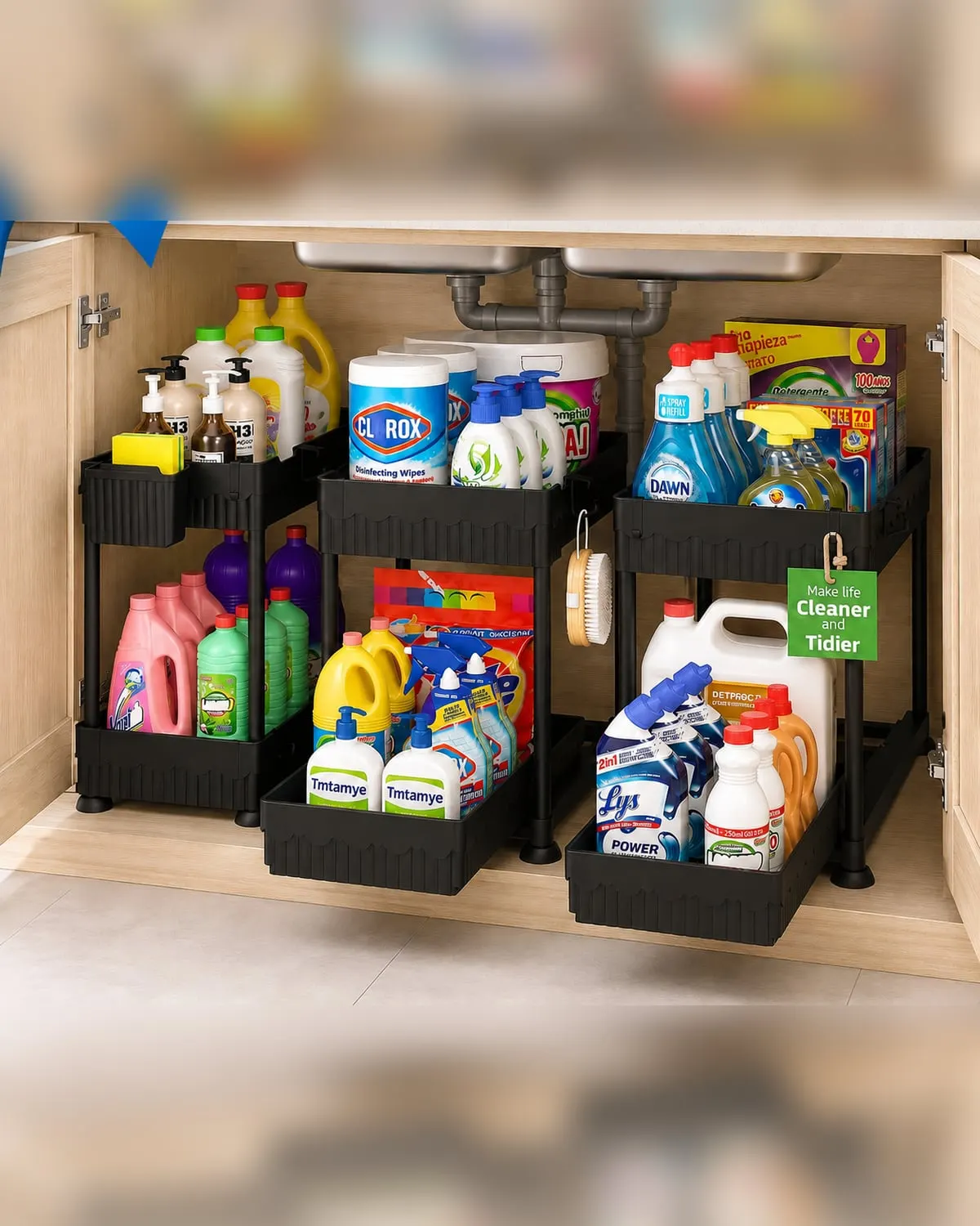 Two-tier black pull-out drawer organizers inside an under-sink cabinet