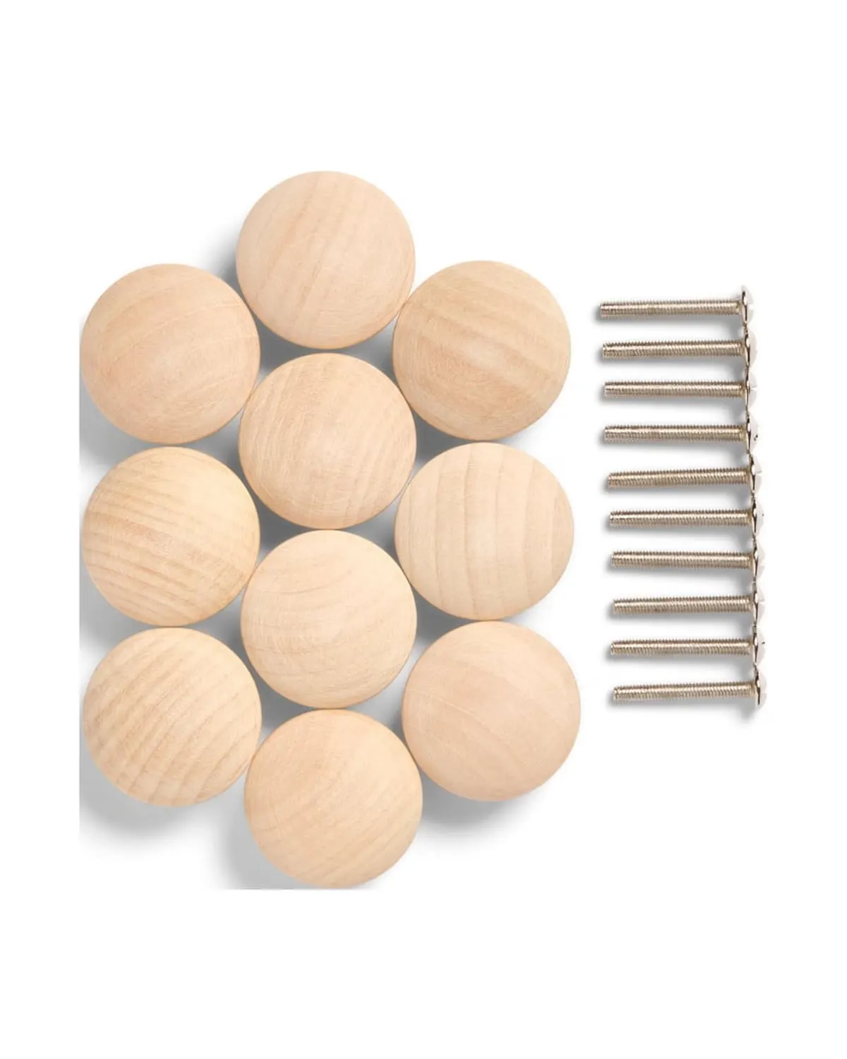 Natural wood cabinet knobs on white kitchen cabinets