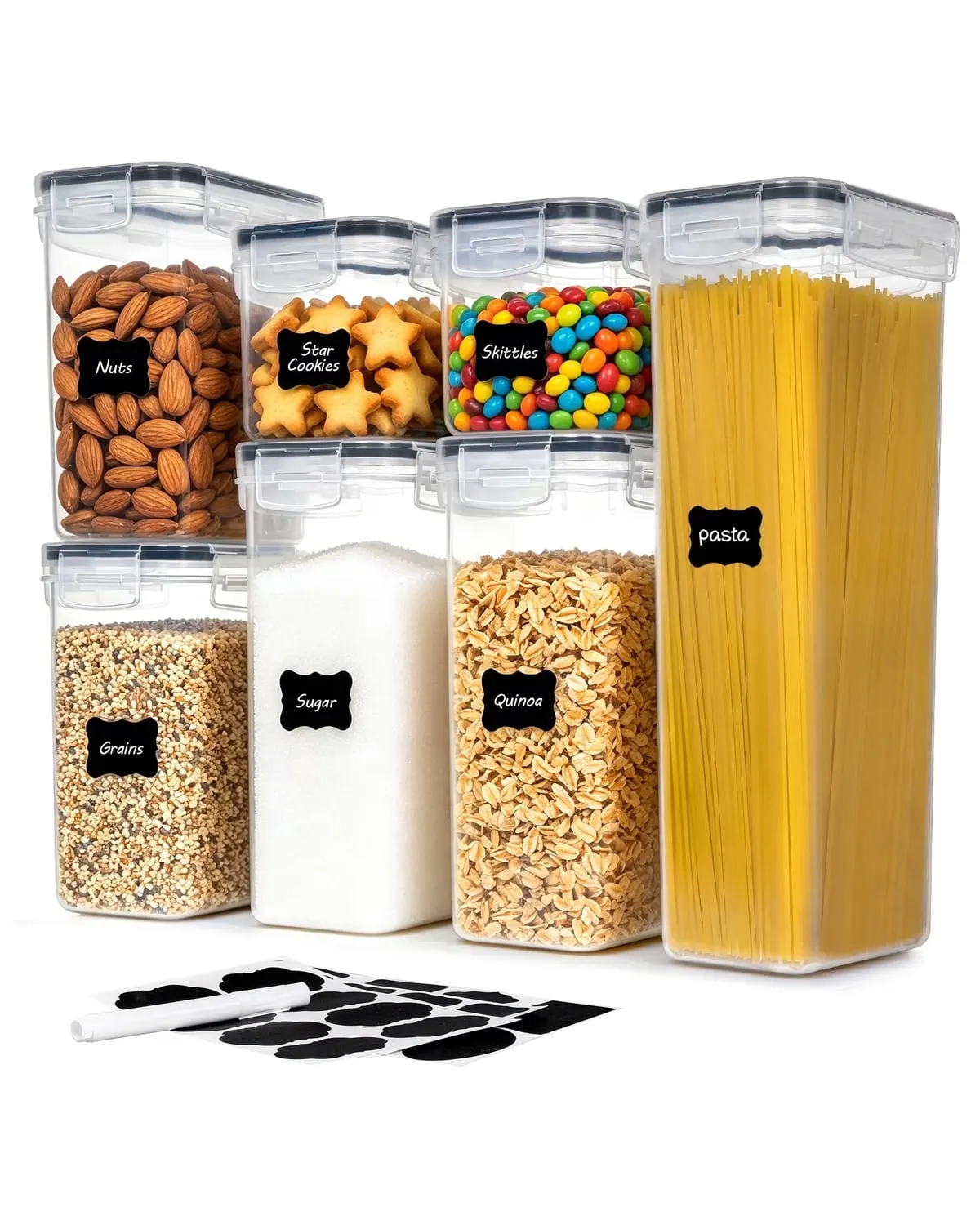 Set of airtight food storage canisters with black lids on a pantry shelf