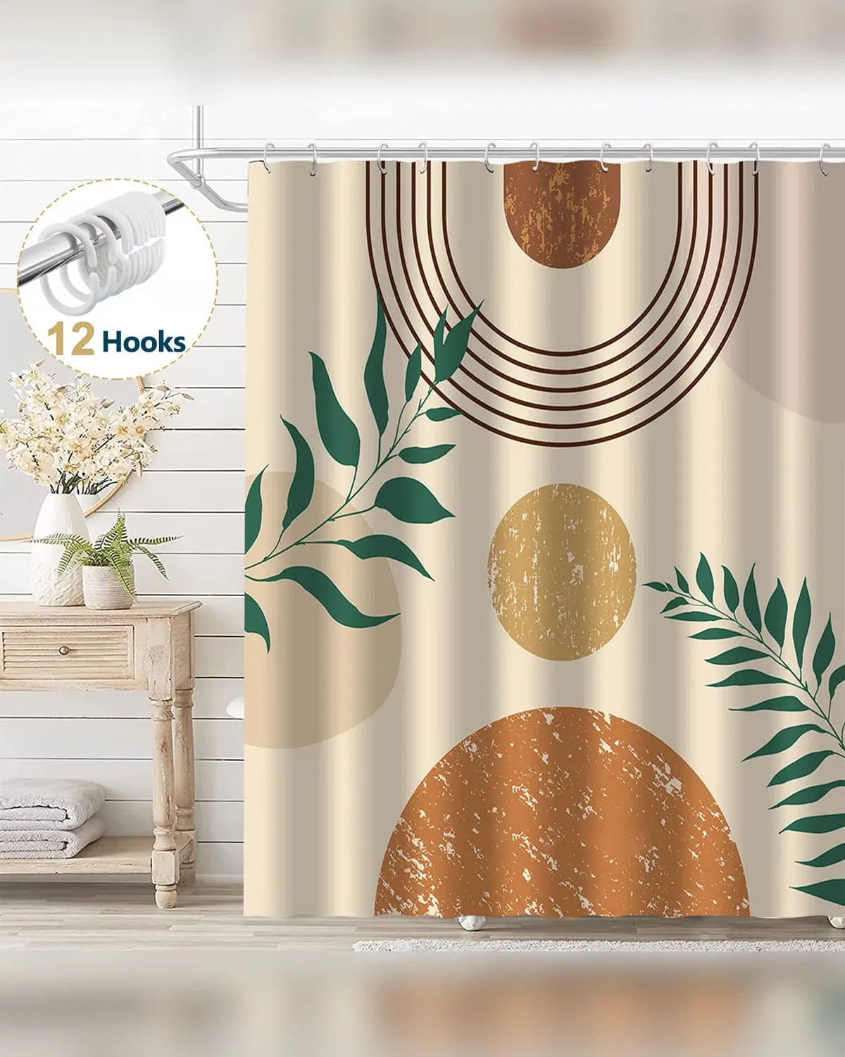 Beige boho geometric shower curtain hanging in a small bathroom