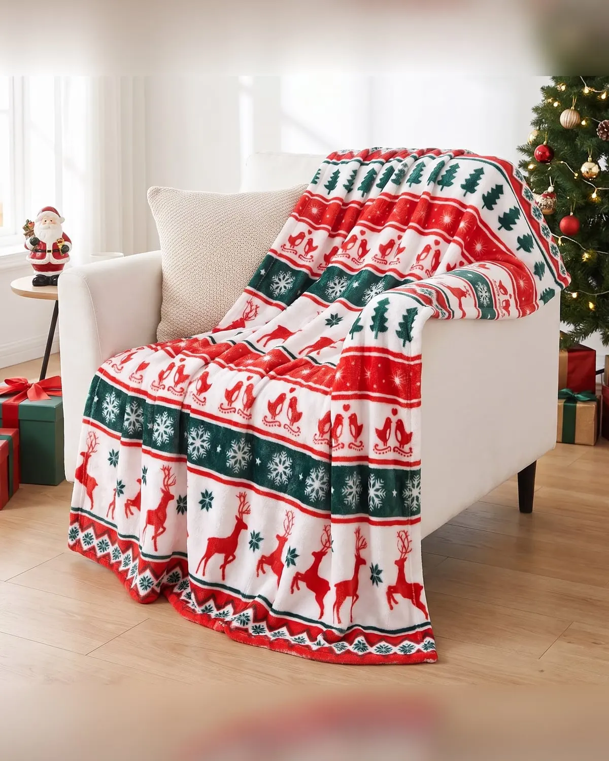 Soft printed Christmas fleece throw blanket over a sofa