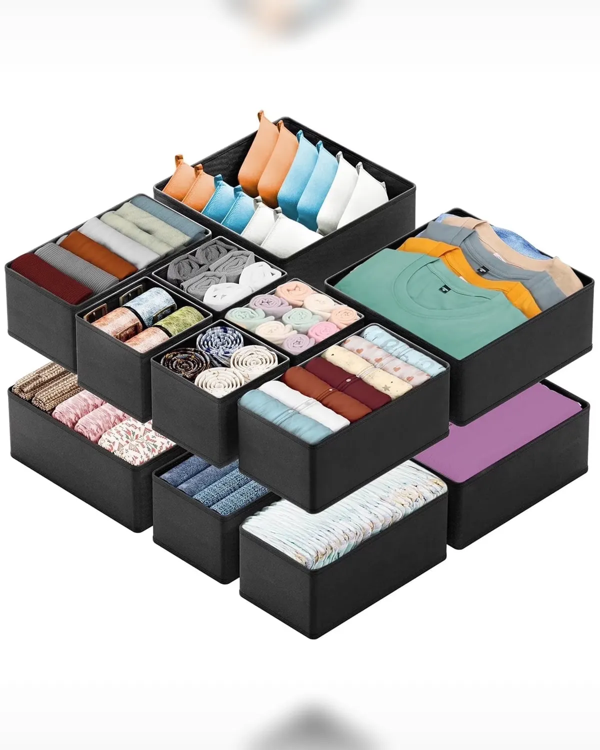 Black fabric drawer organizer bins holding folded socks and underwear