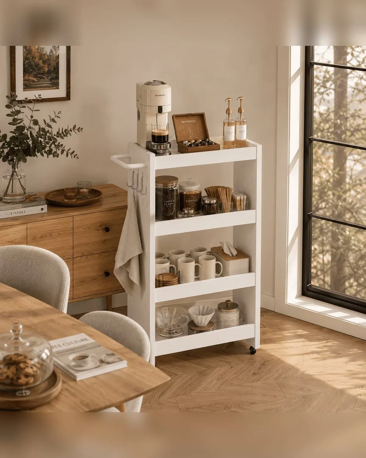 Slim white four-tier rolling cart holding coffee gear, jars and mugs in a narrow gap beside a dining table
