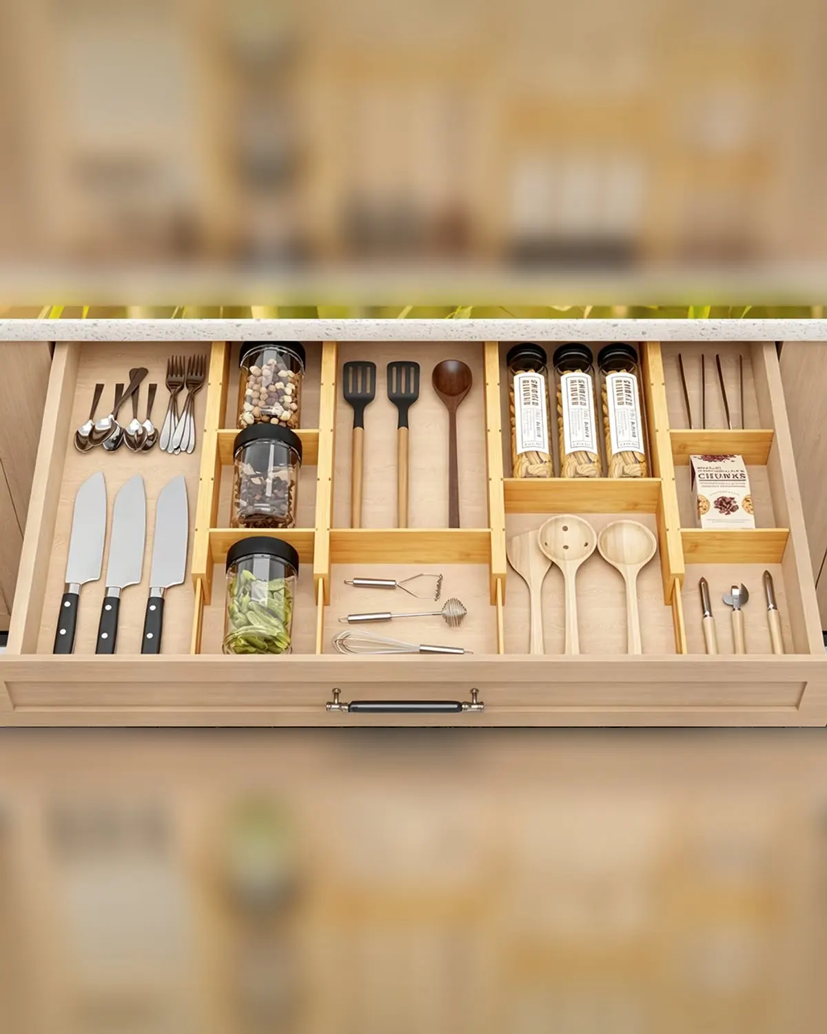 Adjustable bamboo drawer dividers separating a drawer into sections