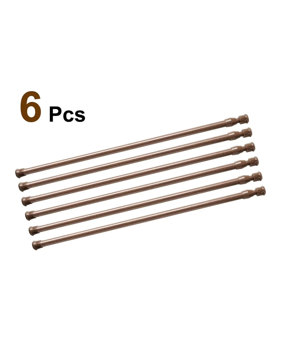 Set of six no-drill spring tension rods in wood finish
