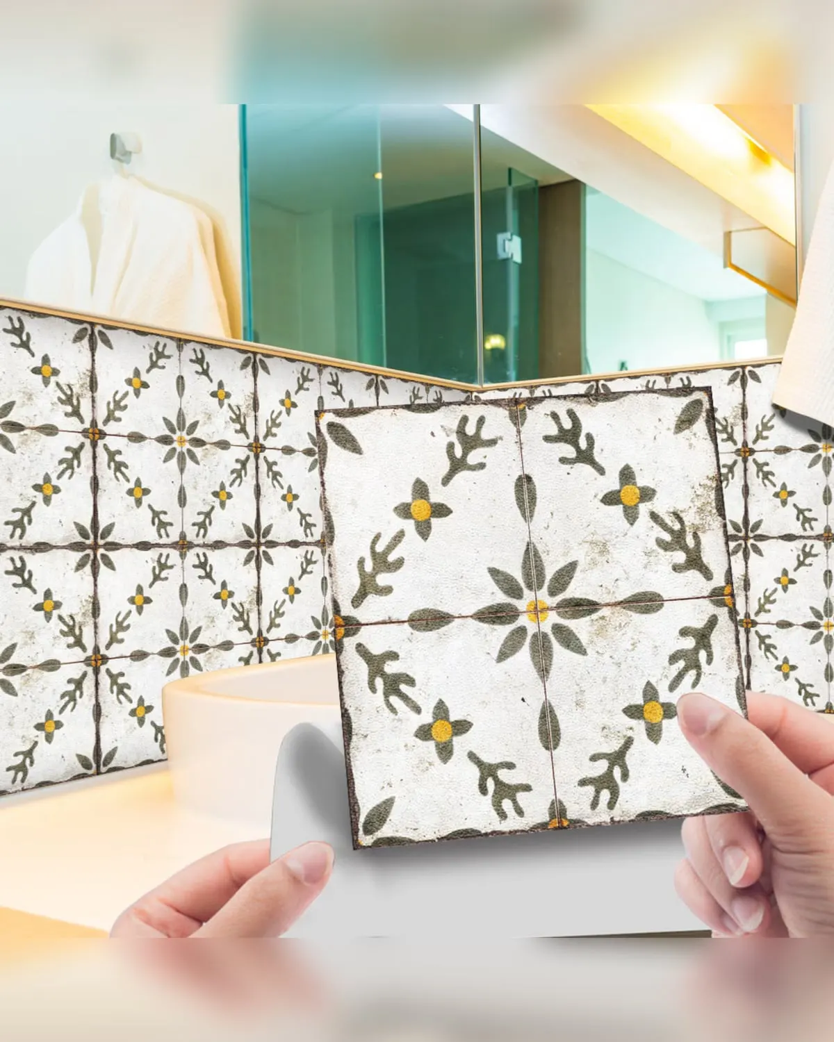 Moroccan pattern peel-and-stick vinyl floor tiles in a small bathroom