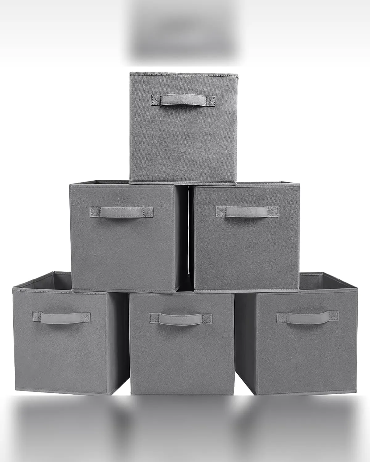 Six grey collapsible fabric storage cube bins