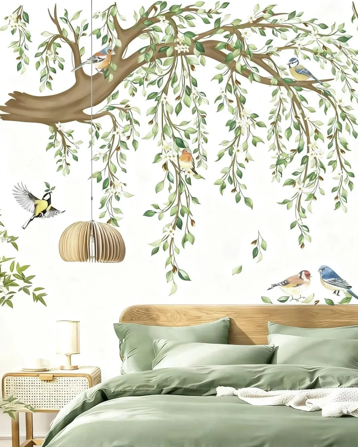 Green hanging vine and bird wall decals on a living room wall