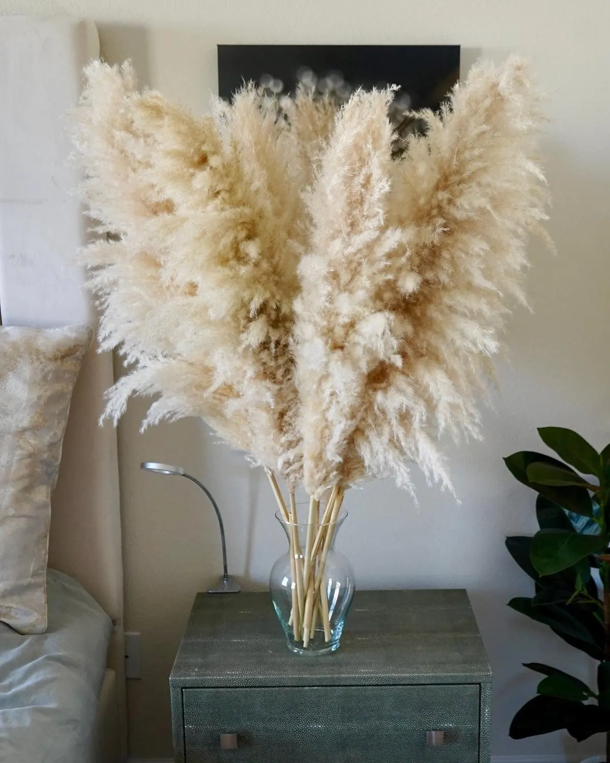 Large neutral dried pampas grass bundle in a tall vase