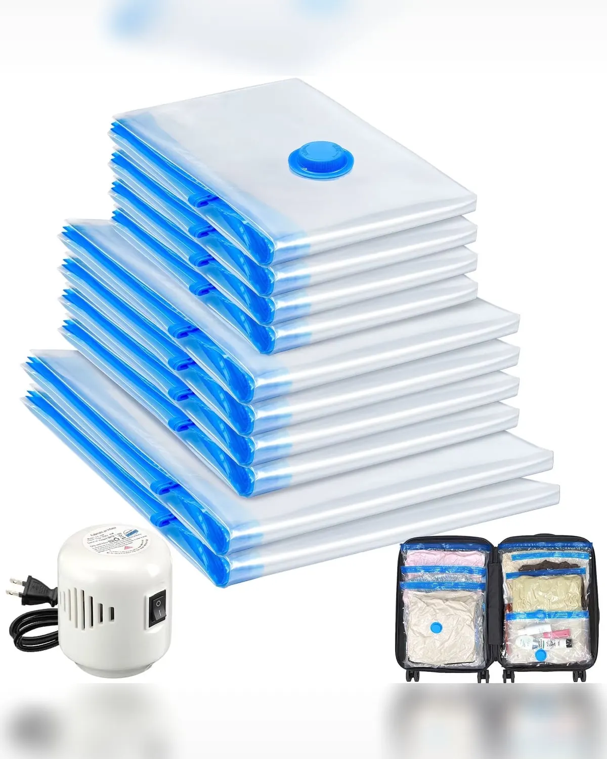 Vacuum storage bags compressing bulky bedding and coats