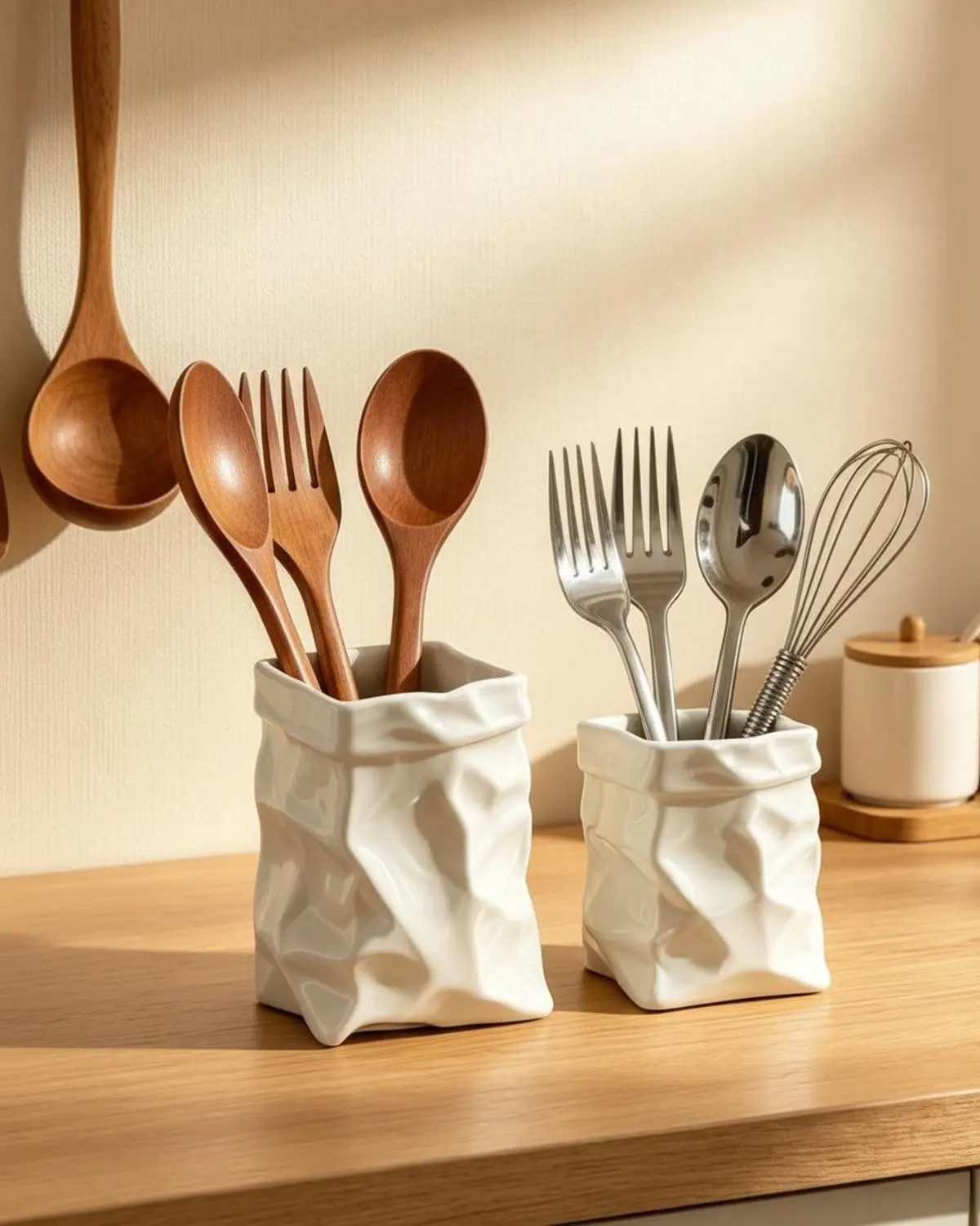 Handmade ceramic utensil holder shaped like a crumpled paper bag