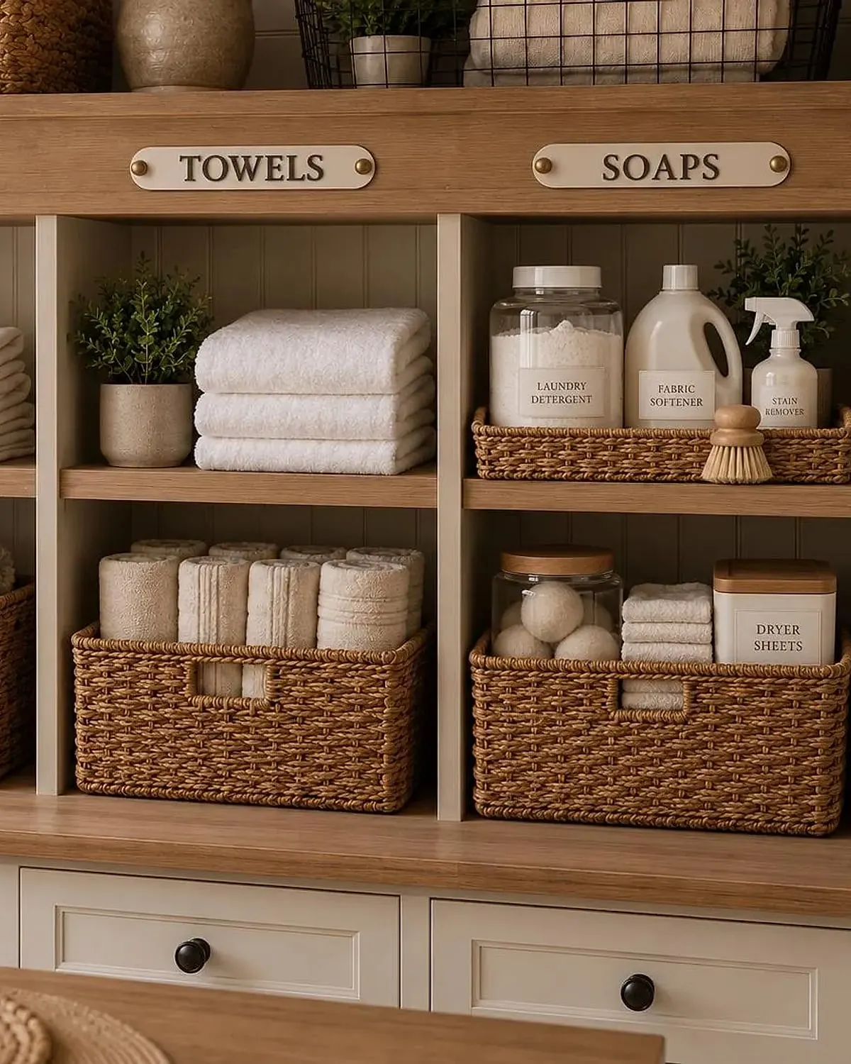 Custom acrylic labels on storage bins in a closet