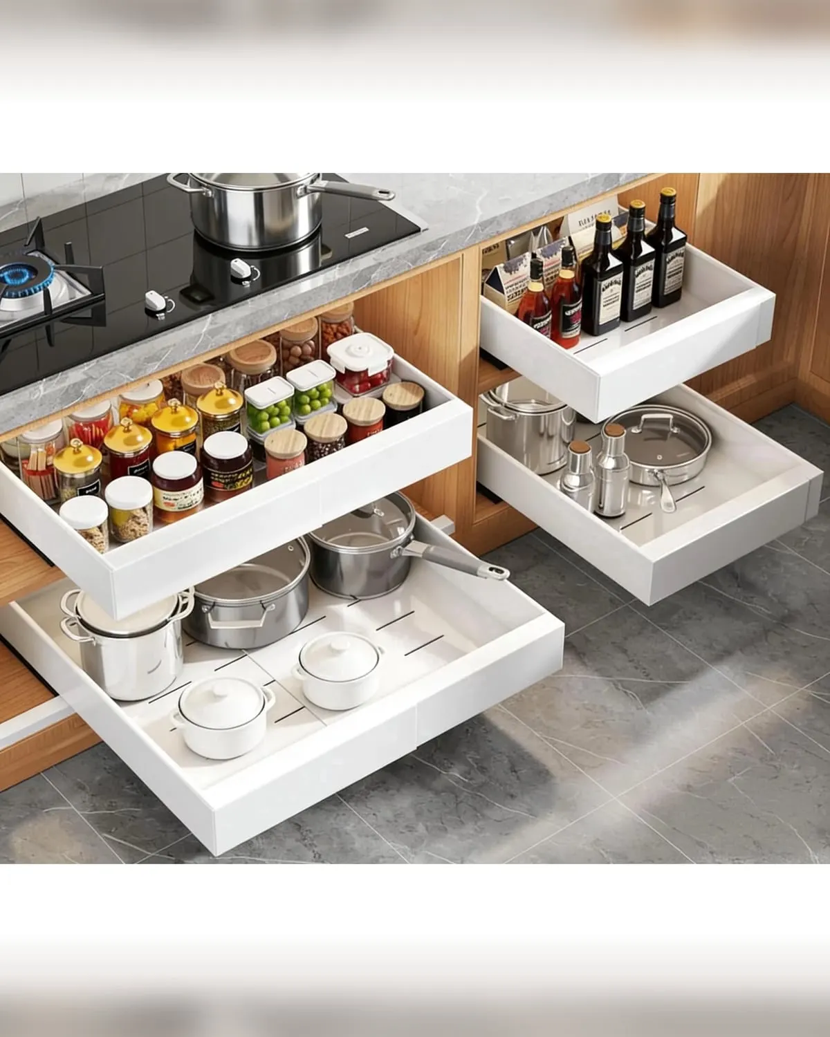 Expandable slide-out drawer pulling contents from the back of a cabinet