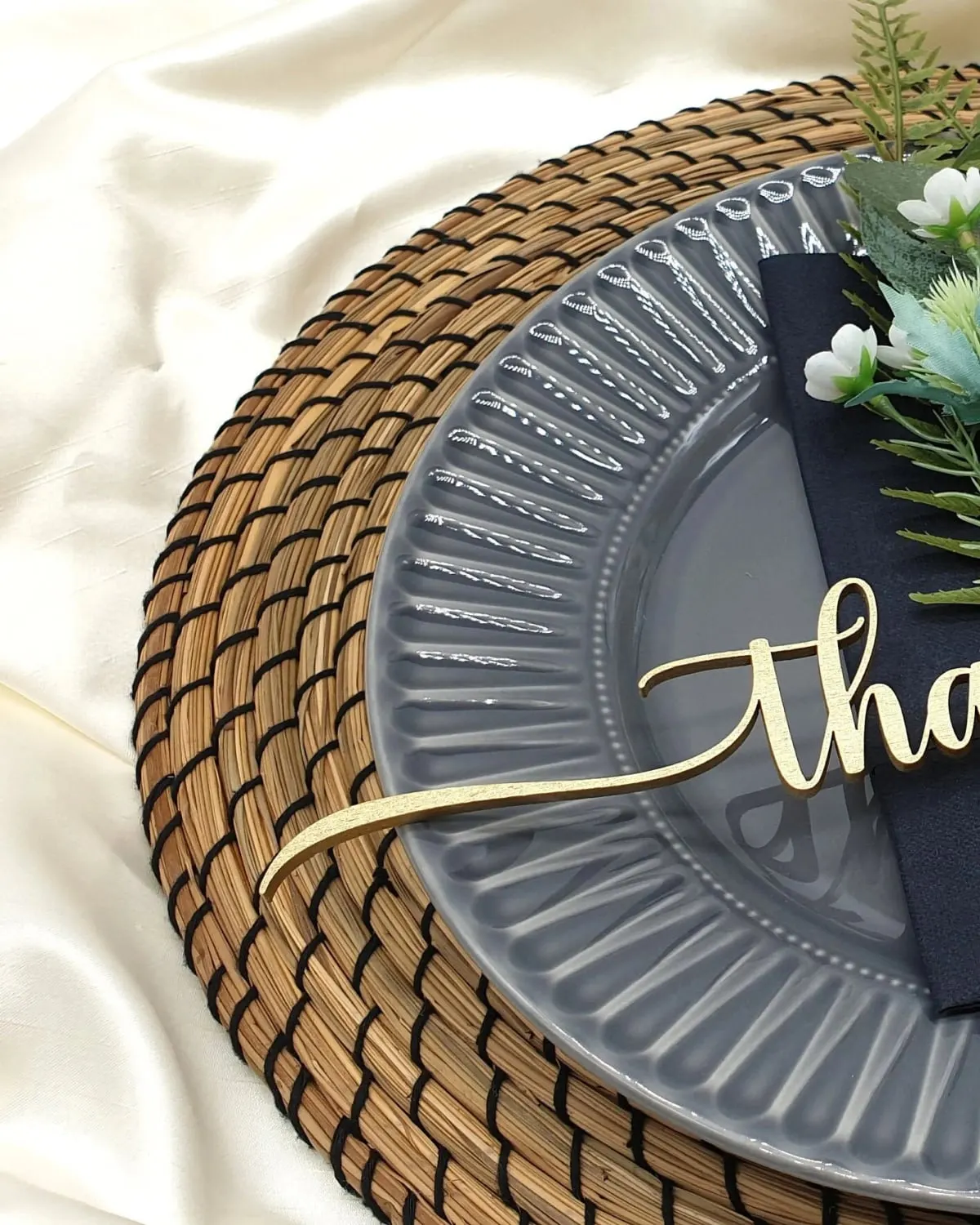 Personalized laser cut wooden place cards at a Thanksgiving table