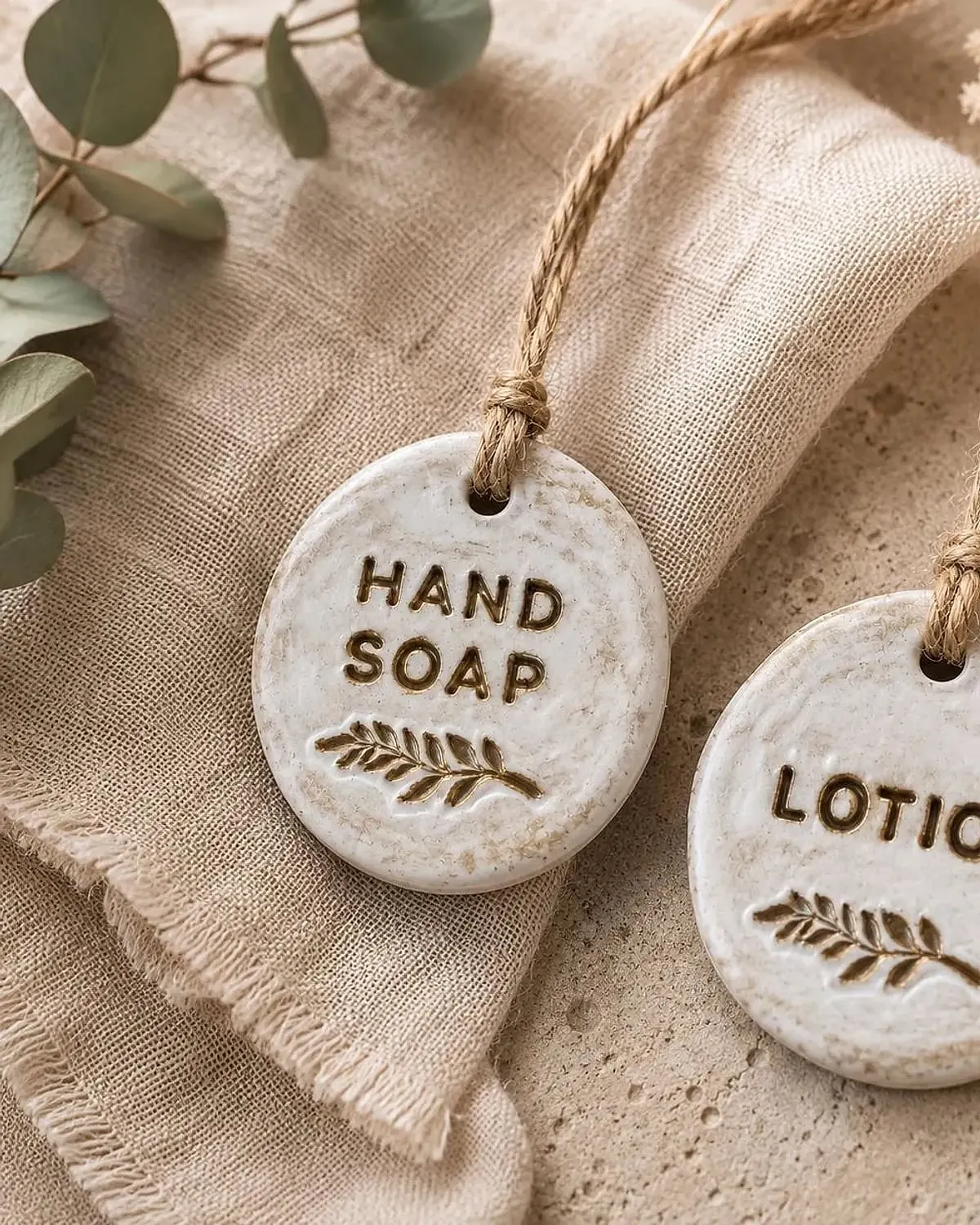 Handmade clay 'Hand Soap' and 'Lotion' bottle tags resting on a linen cloth