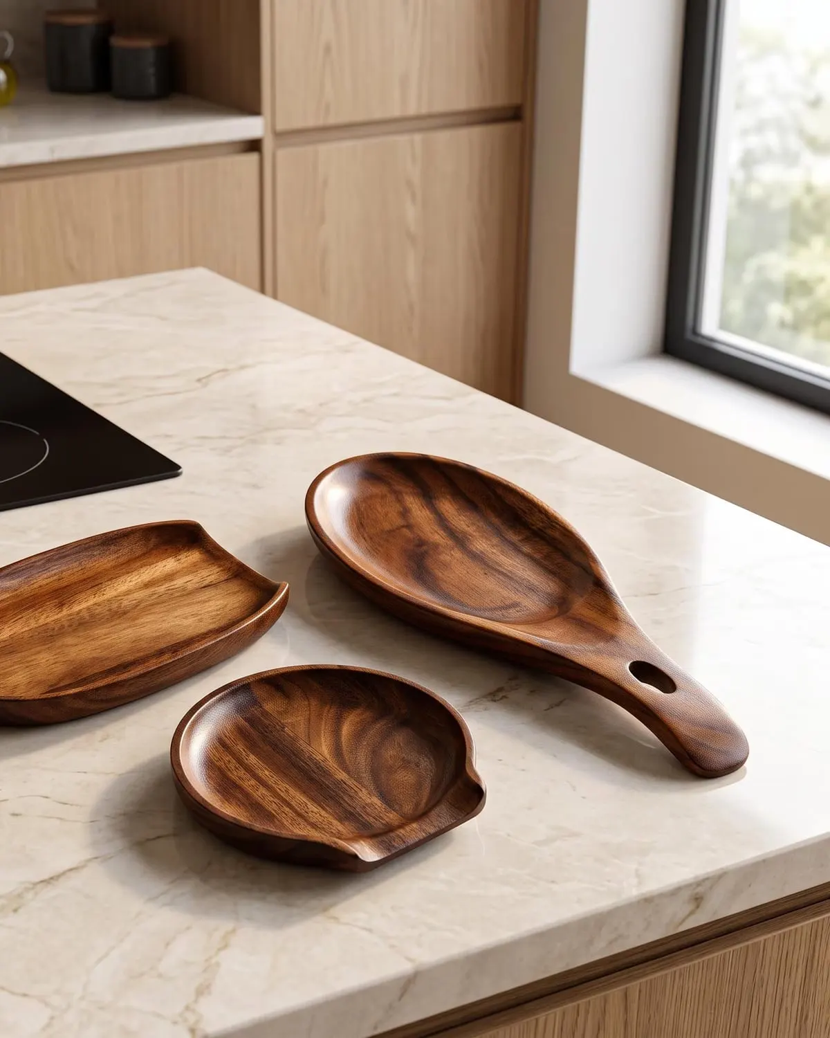 Handmade wooden spoon rest beside a stove